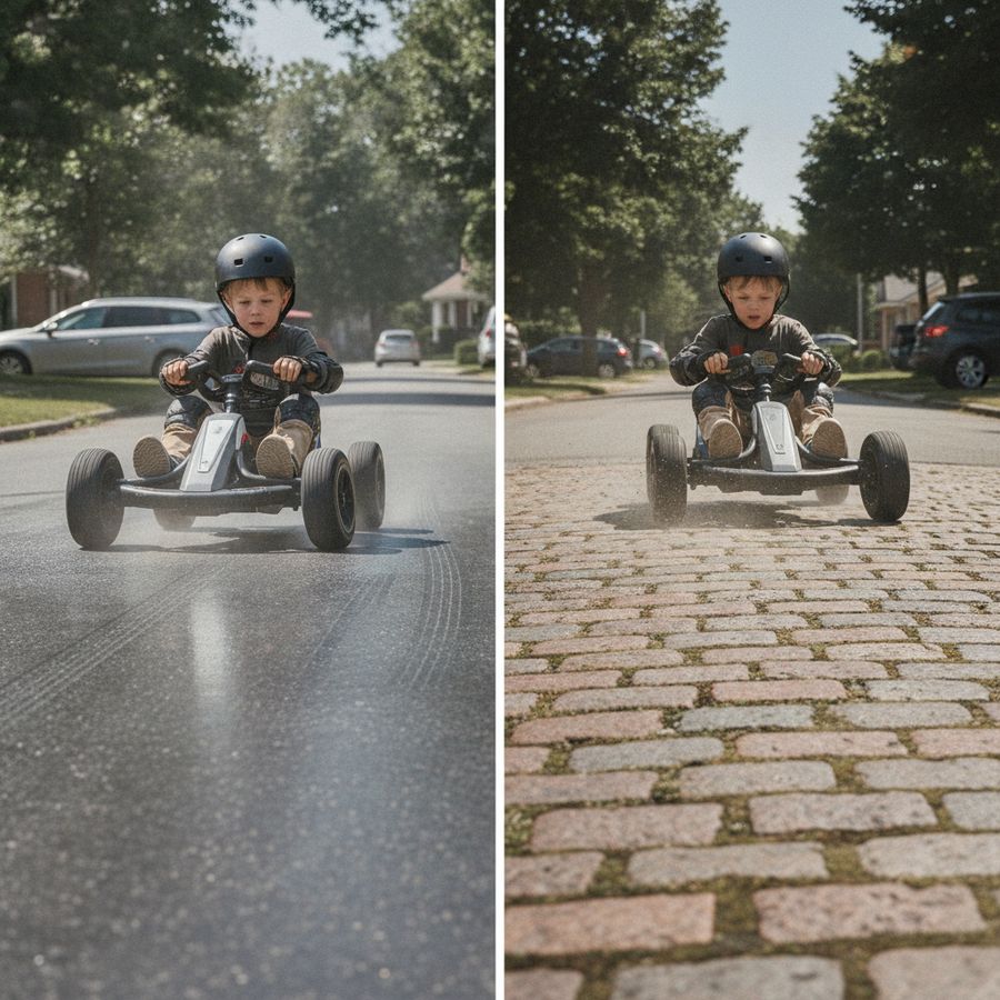 Driftkart op glad asfalt naast een strook klinkers met duidelijk zicht op wielen en ondergrond.