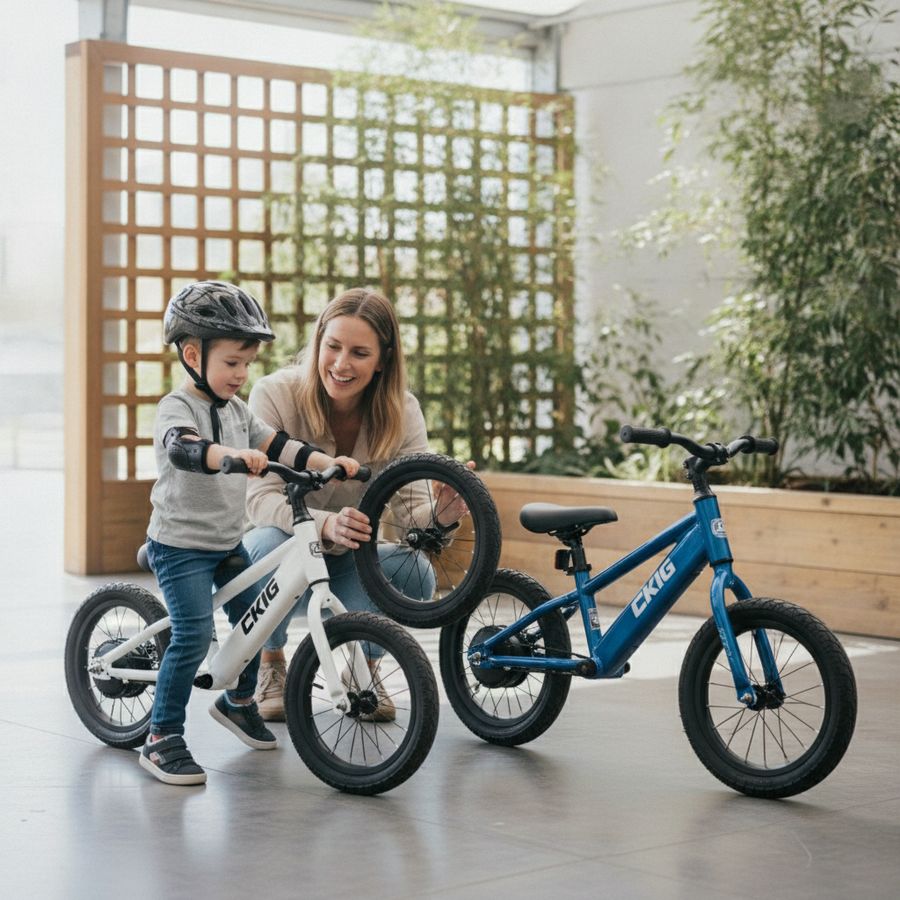Ouder vergelijkt zithoogte en wielmaat terwijl een kind op een loopfiets zit.