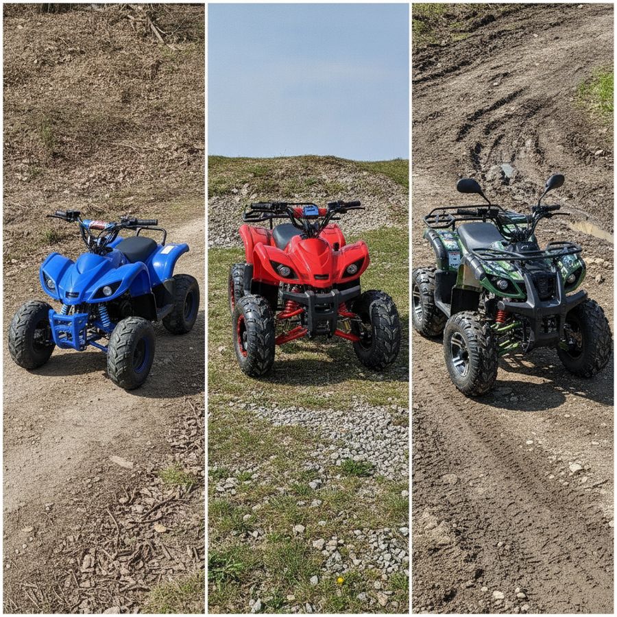 Drie kinderquads van klein naar groot staan naast elkaar op licht onverhard terrein.