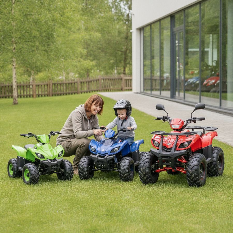 Ouder en kind bekijken verschillende kleine quads bij daglicht op een veilige buitenplek.