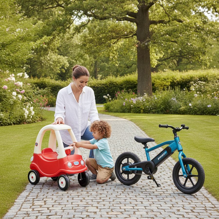 Een kind en ouder bekijken buiten een loopauto en kleine elektrische loopfiets naast elkaar.