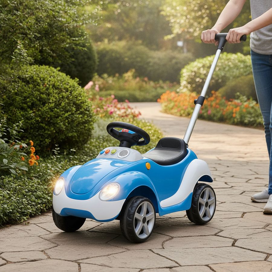 Loopauto met duwstang en brandende lampjes op een tuinpad, begeleid door een ouder.