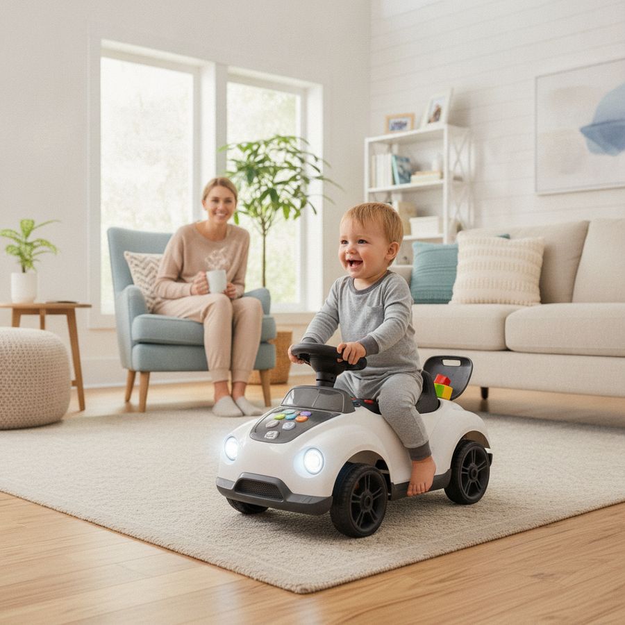 Peuter rijdt op een loopauto in een lichte woonkamer terwijl een ouder toekijkt.