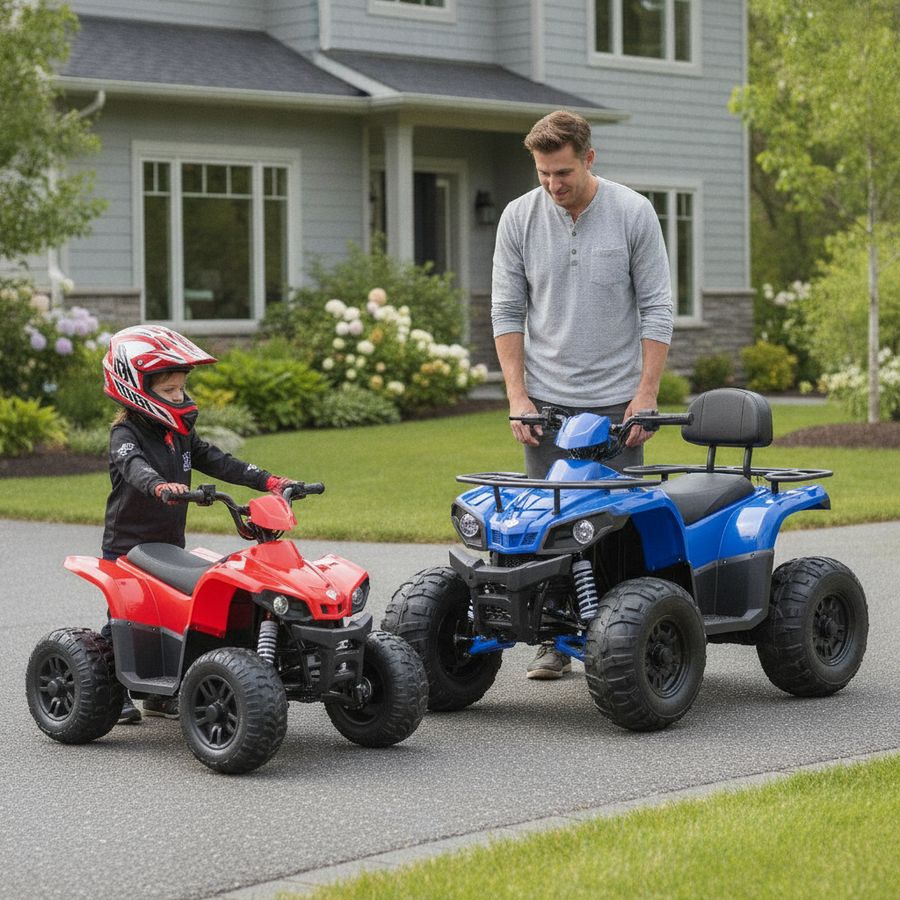 Twee kinderquads staan op oprit en gras terwijl een kind met helm en een ouder erbij staan.
