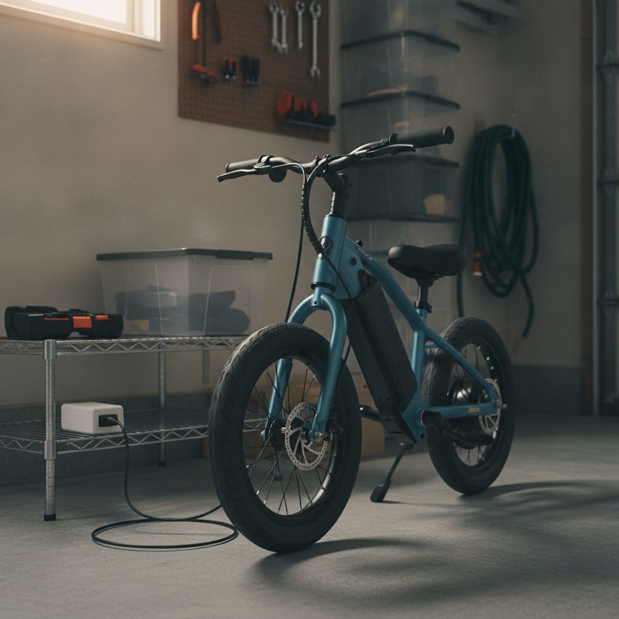 Elektrische loopfiets staat in een nette garage aan de lader met accu en kabel duidelijk zichtbaar.