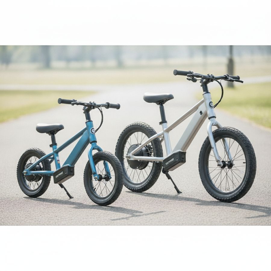 Twee elektrische loopfietsen met verschillende wielmaten staan naast elkaar op bestrating.