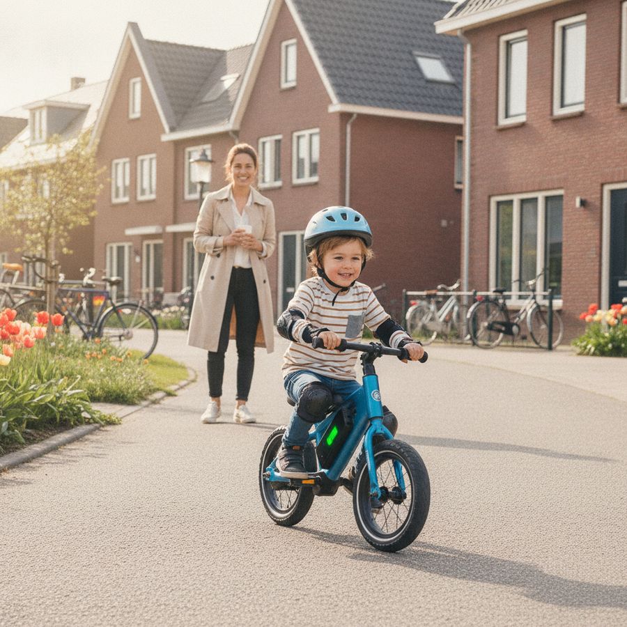 Kind rijdt op een elektrische loopfiets op een zonnig pad terwijl een ouder toekijkt.