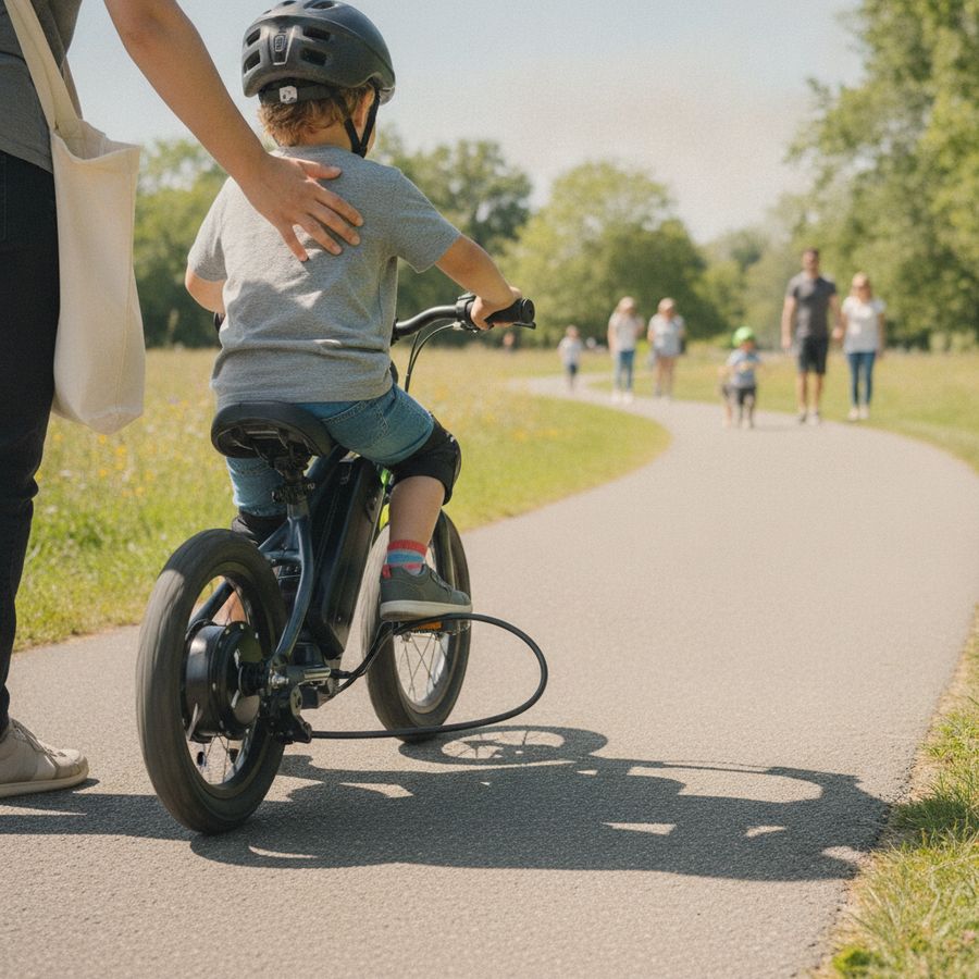 Kind rijdt op een elektrische loopfiets op een parkpad terwijl een ouder ernaast loopt in helder daglicht.