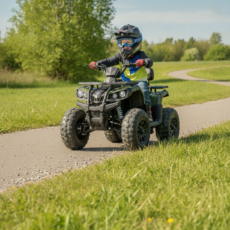 Een kinderquad rijdt van een verhard pad naar gras op een lichte oneffen ondergrond.