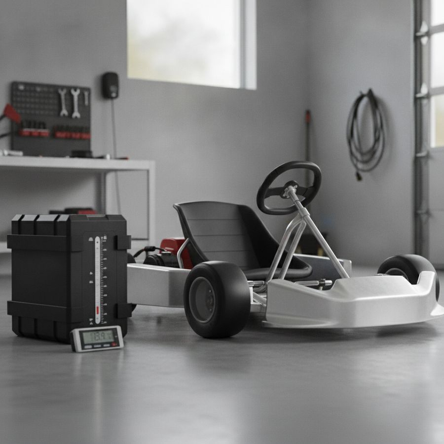 Driftkart staat in een nette garage met losse accu op een werkbank bij zacht daglicht en rustige sfeer.