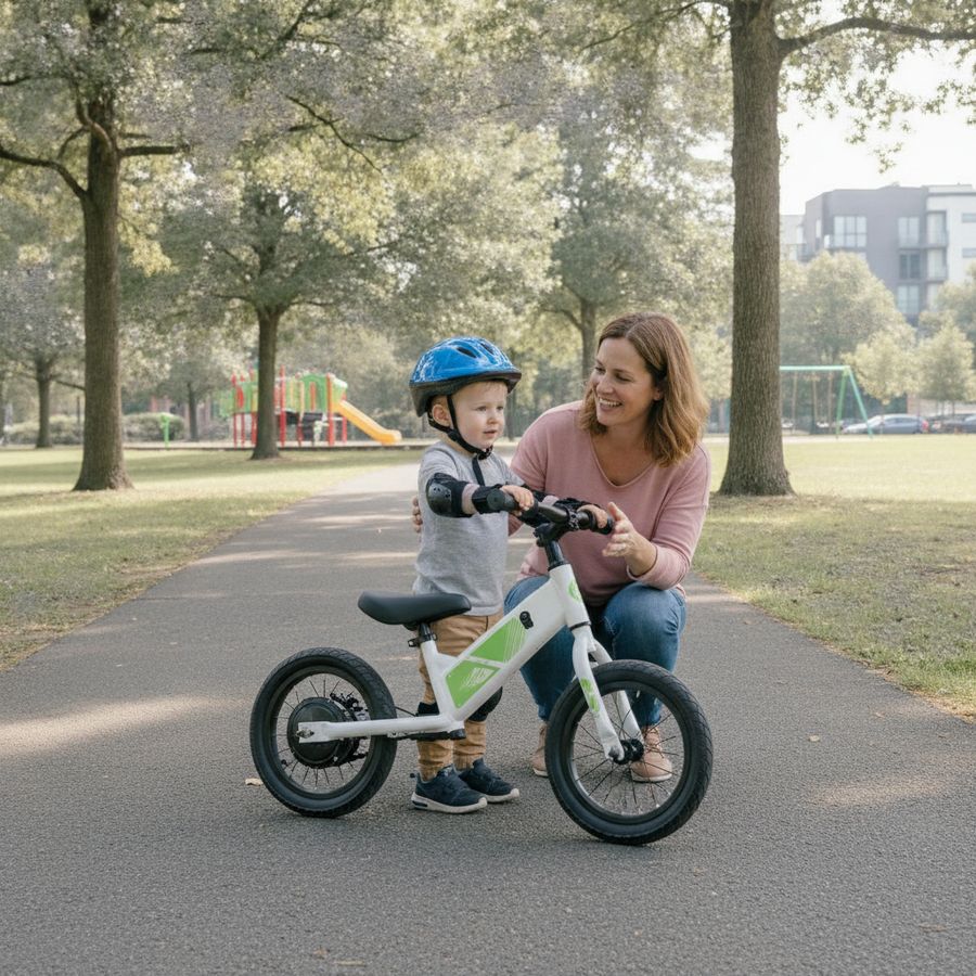 Jong kind naast een kleine elektrische loopfiets op een zonnig parkpad met ouder dichtbij.