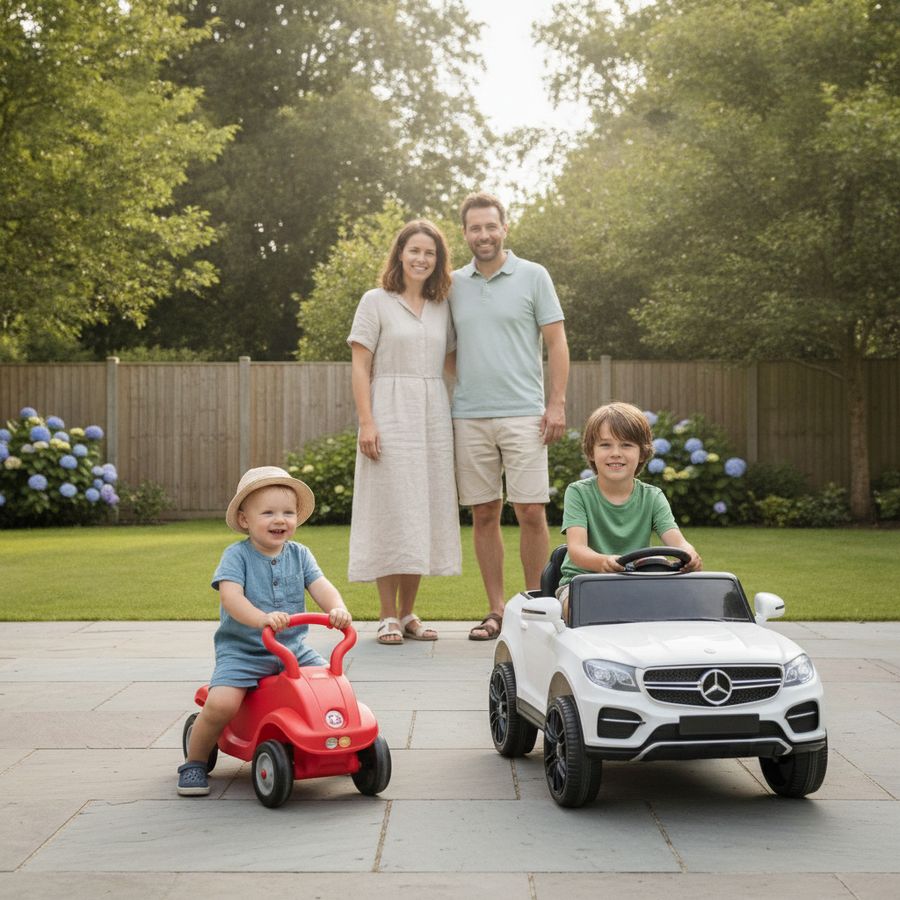 Twee kinderen spelen buiten met een loopauto en een kleine elektrische kinderauto op een lichte patio.