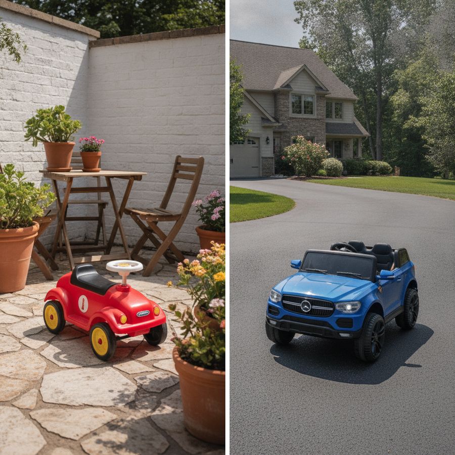 Kleine speelauto op een patio en grotere elektrische kinderauto op een ruime oprit bij daglicht.