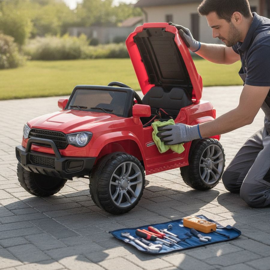 Ouder controleert wielen en accuaansluiting van een kinderauto op een schone oprit bij daglicht.