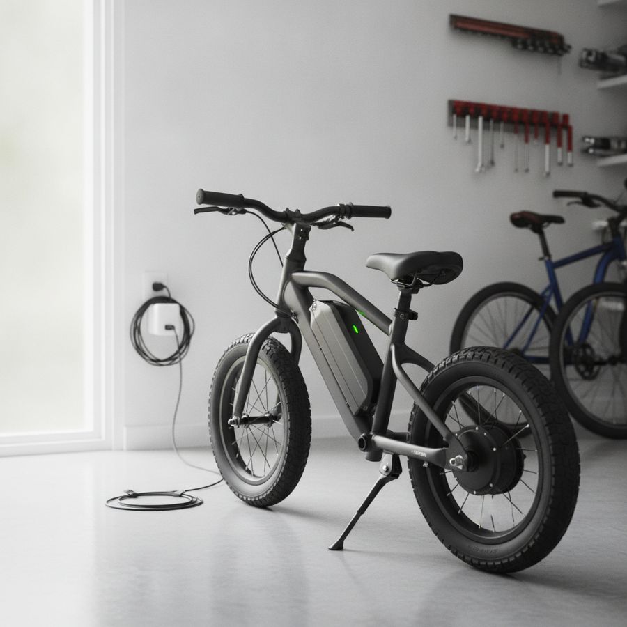 Elektrische loopfiets staat binnen aan de lader in een nette, lichte ruimte.