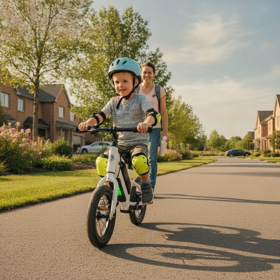 Kind rijdt op een elektrische loopfiets op een zonnig pad terwijl een ouder toekijkt.