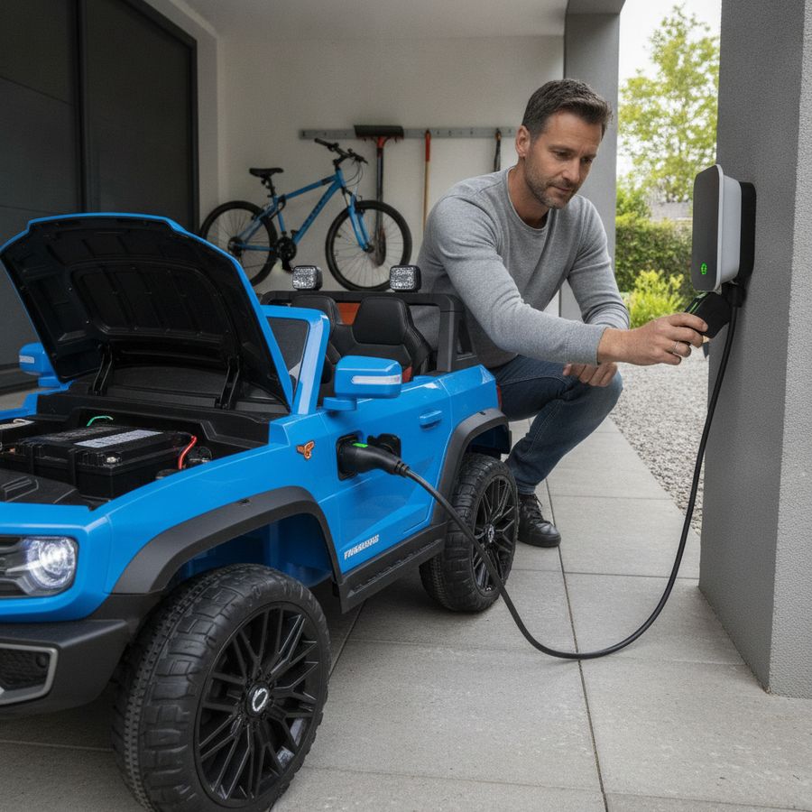 Kinderauto staat aan de lader in een nette garage terwijl een ouder de aansluiting controleert.