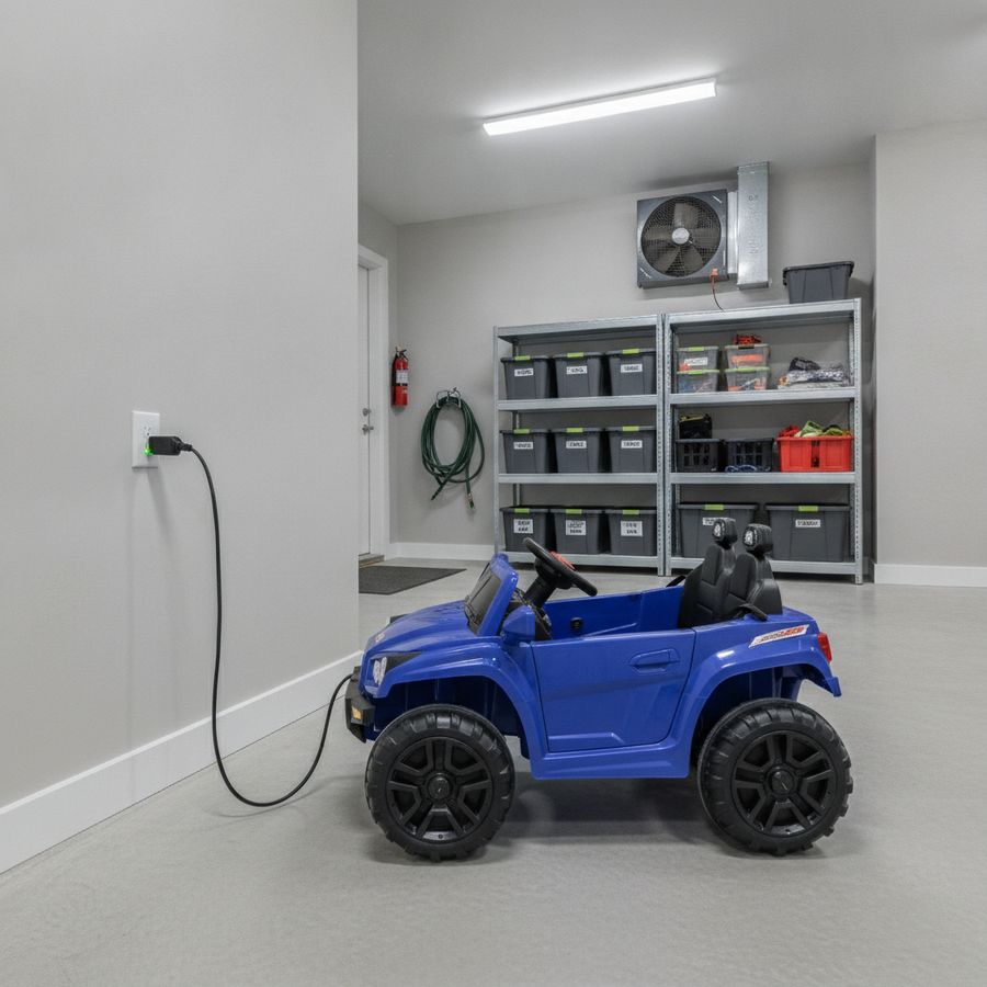 Elektrische kinderauto laadt veilig op in nette garage met vrije ruimte en goed licht.
