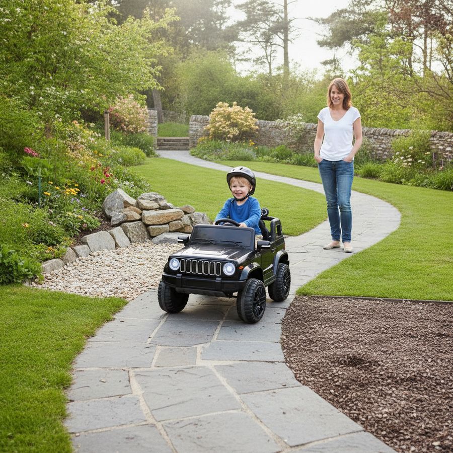 Kind rijdt in elektrische kinderauto op pad naast gras, met ouder erbij op een lichte middag.