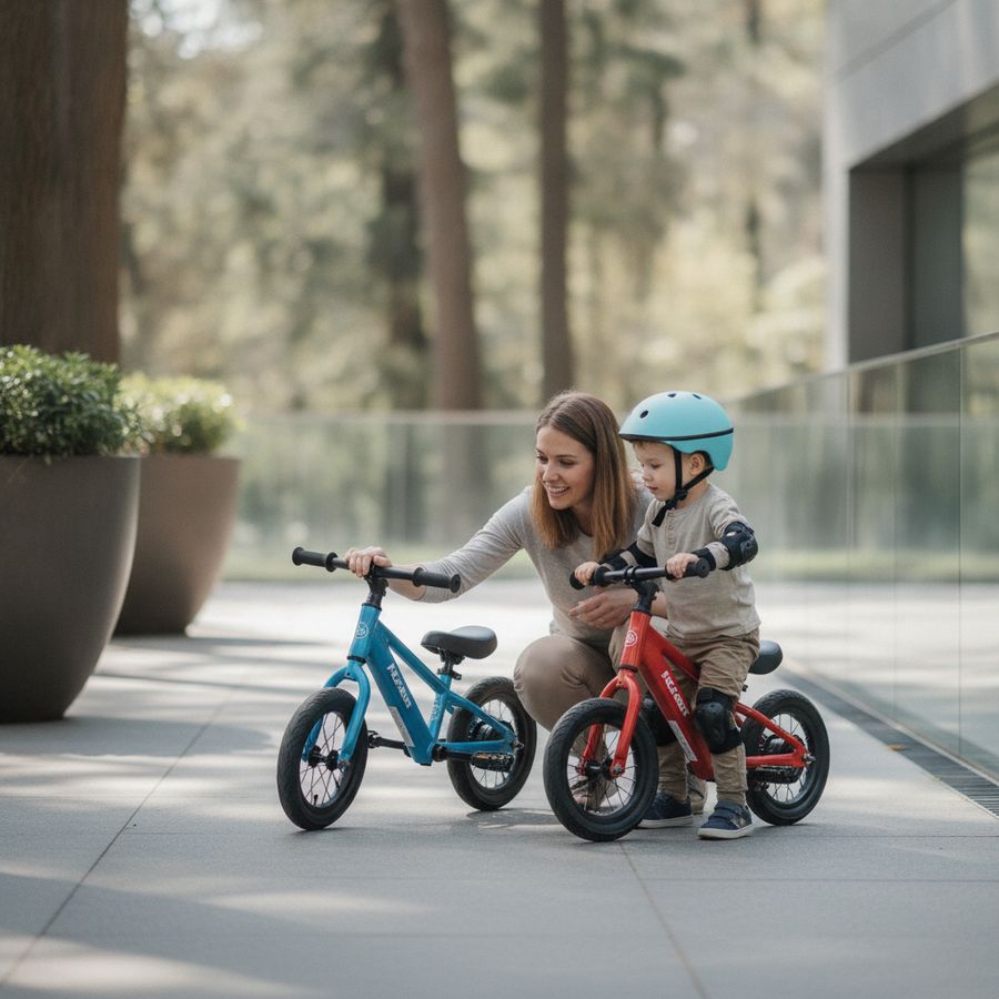 Ouder en kind vergelijken twee elektrische loopfietsen op een lichte buitenlocatie.