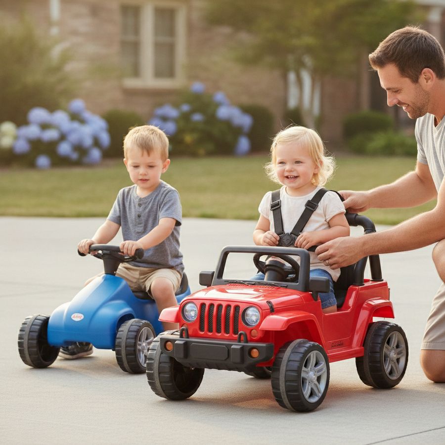 Een ouder controleert gordel en wielen van kinderspeelgoedauto's op een veilige oprit.