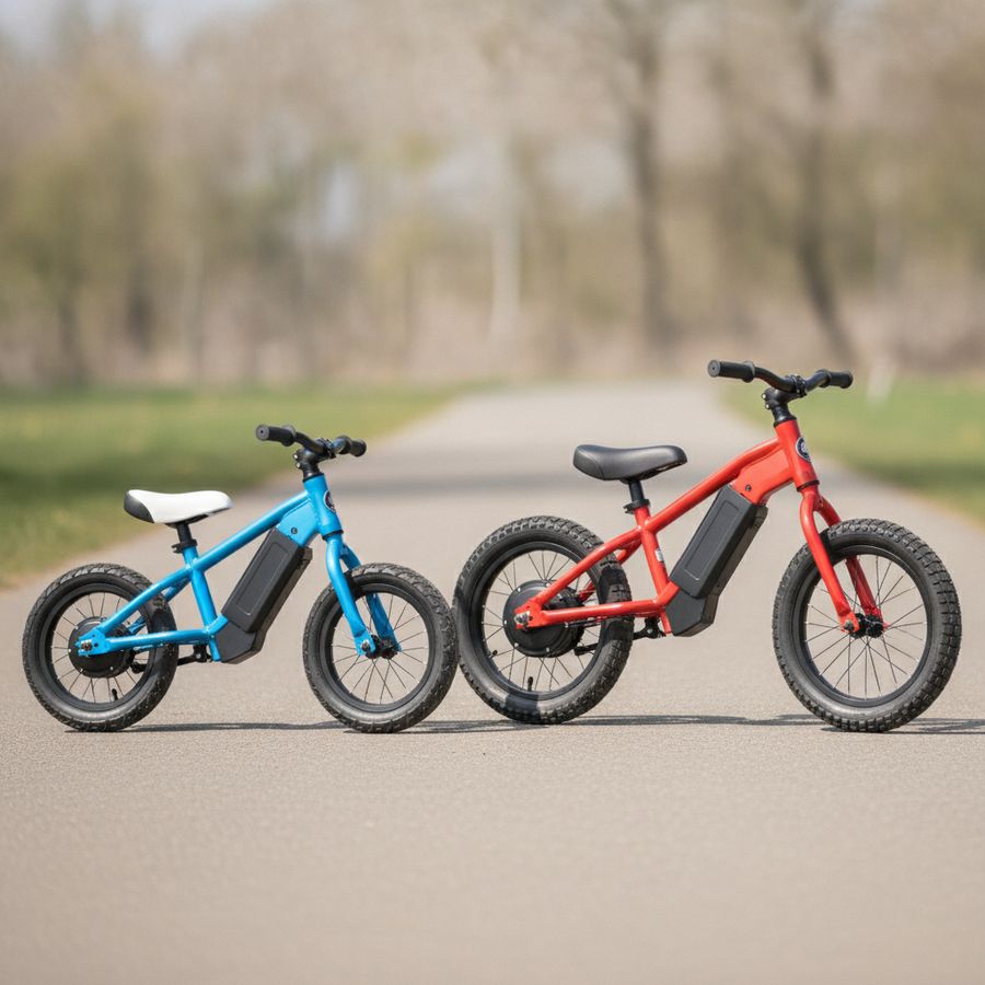 Twee elektrische loopfietsen met verschillende wielmaten staan naast elkaar op een rustig pad.