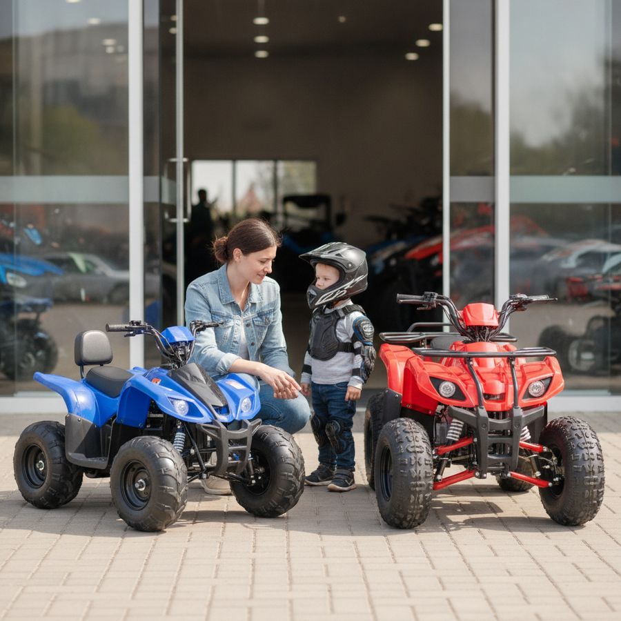 Ouder en kind vergelijken twee kinderquads buiten bij daglicht in een rustige en veilige setting.