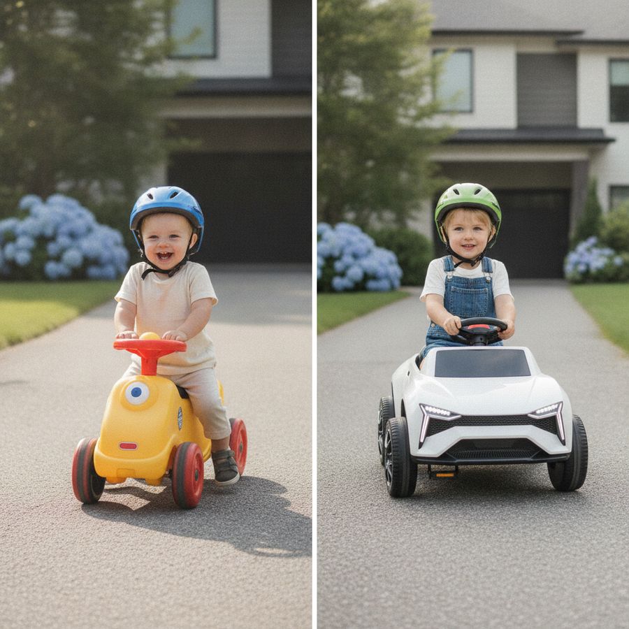 Twee kinderen spelen op een oprit met een loopauto en een elektrische speelgoedauto bij daglicht.