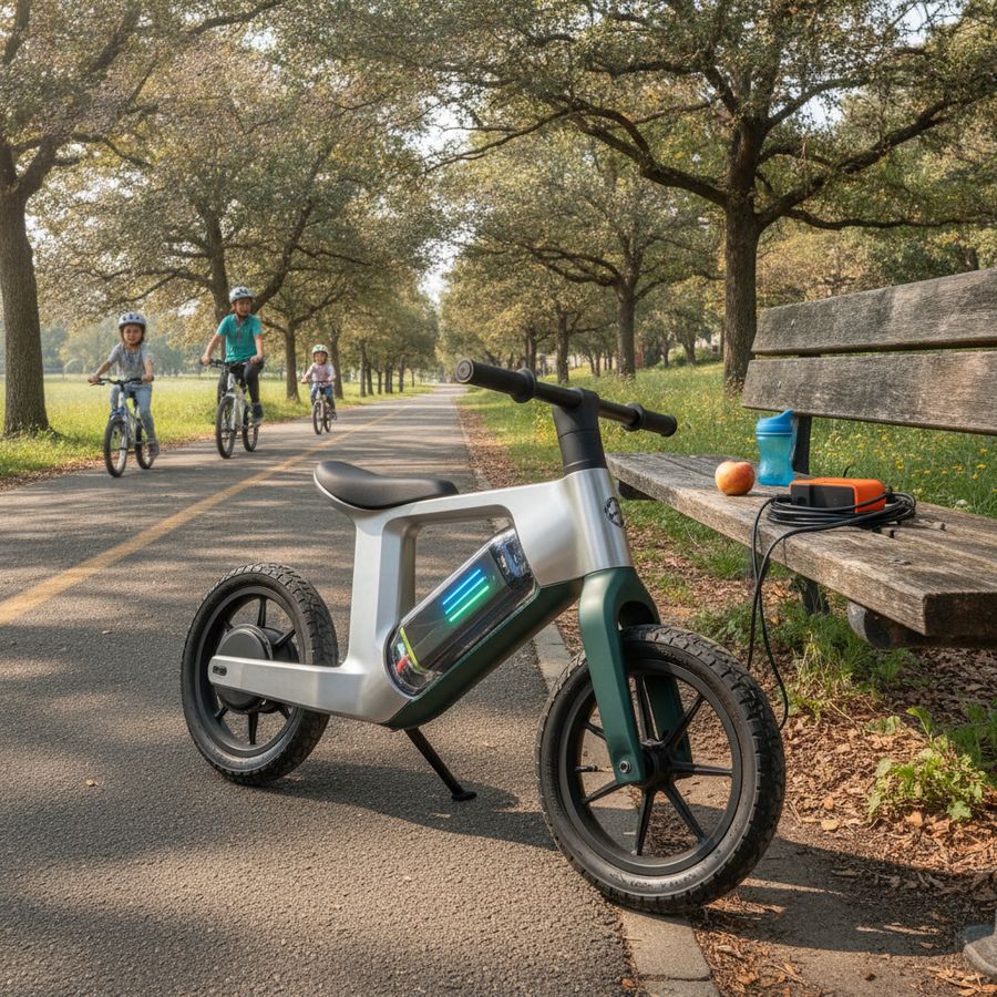 Elektrische loopfiets staat in een licht park naast een bankje met oplader bij zacht daglicht.